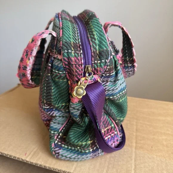 Oilily Pink Green Purple Plaid Floral Embroidered crossbody Satchel Purse - Picture 6 of 16